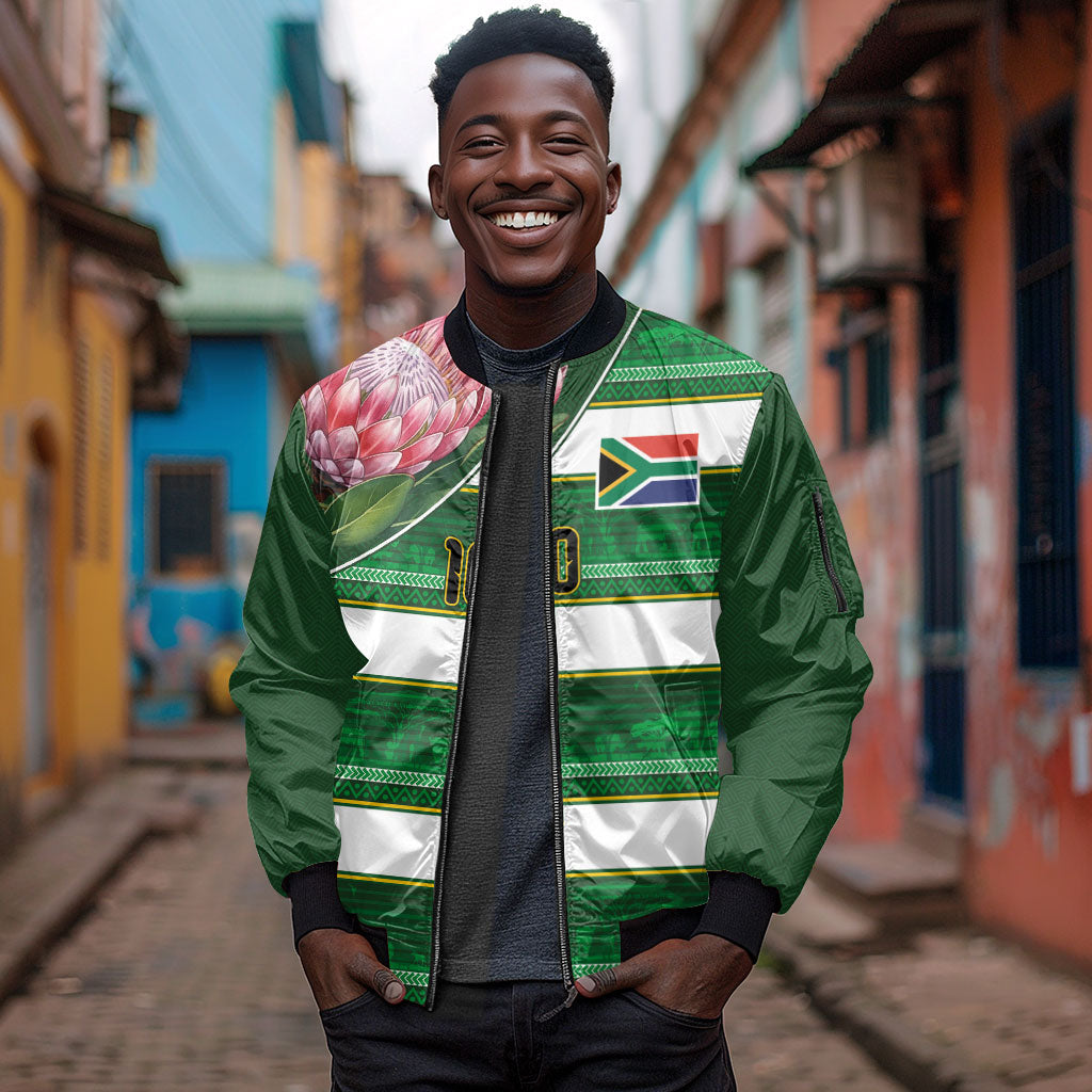 Custom South Africa Football Sleeve Zip Bomber Jacket King Protea with African Heritage Stripes Style