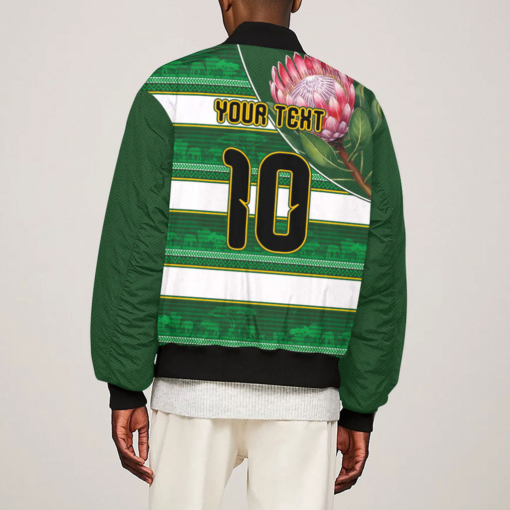 Custom South Africa Football Sleeve Zip Bomber Jacket King Protea with African Heritage Stripes Style