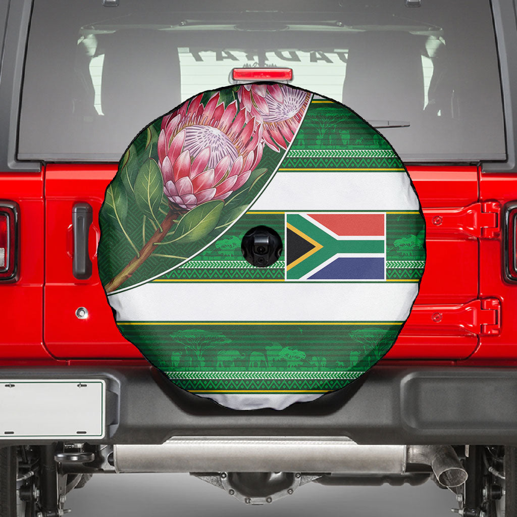 South Africa Football Spare Tire Cover King Protea with African Heritage Stripes Style