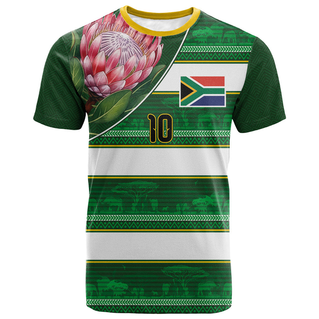 Custom South Africa Football T shirt King Protea with African Heritage Stripes Style