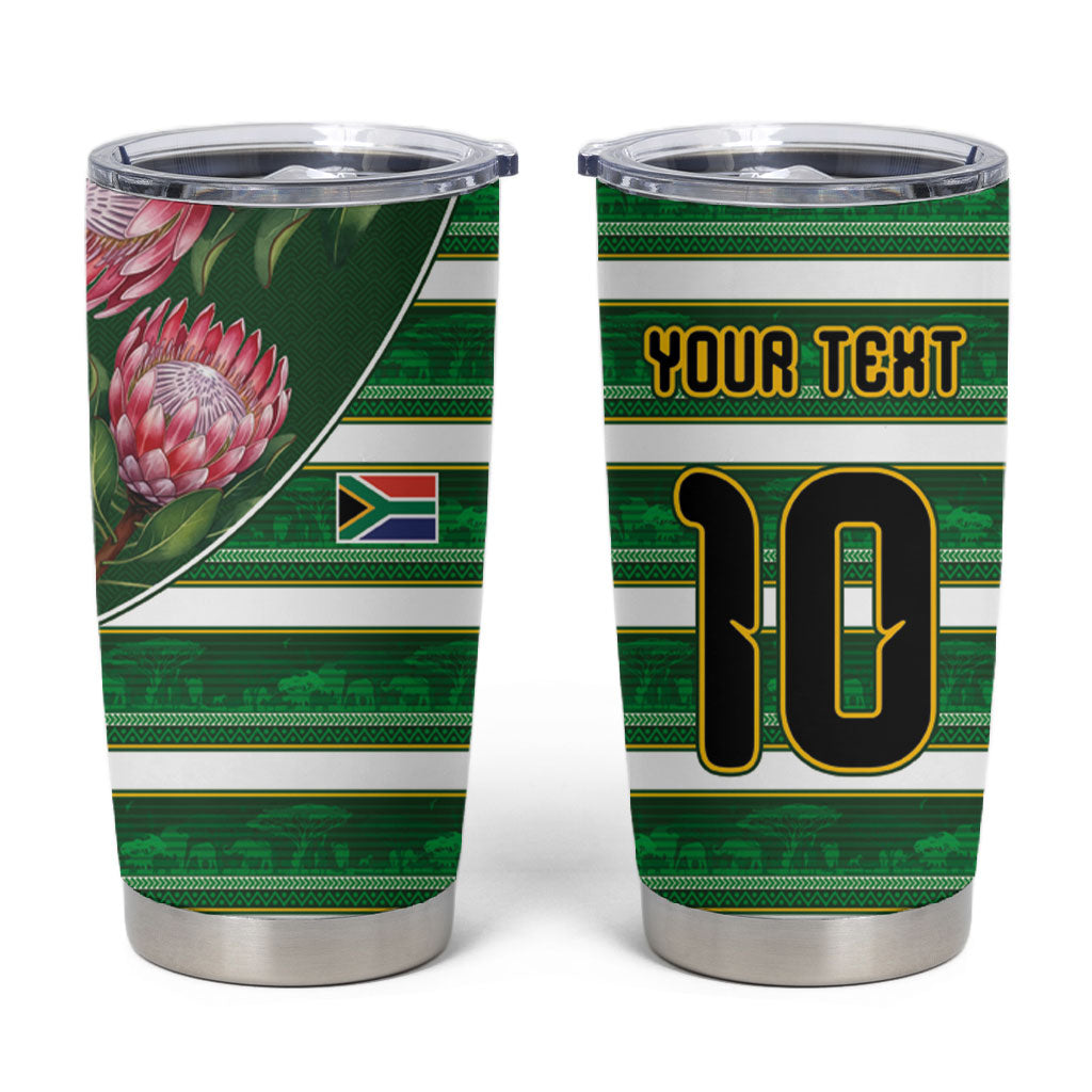 Custom South Africa Football Tumbler Cup King Protea with African Heritage Stripes Style