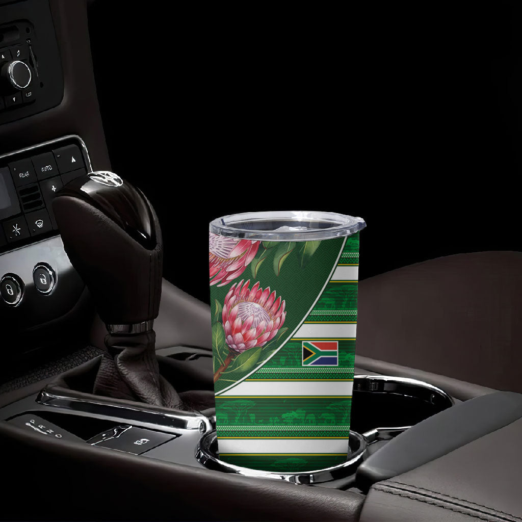 Custom South Africa Football Tumbler Cup King Protea with African Heritage Stripes Style