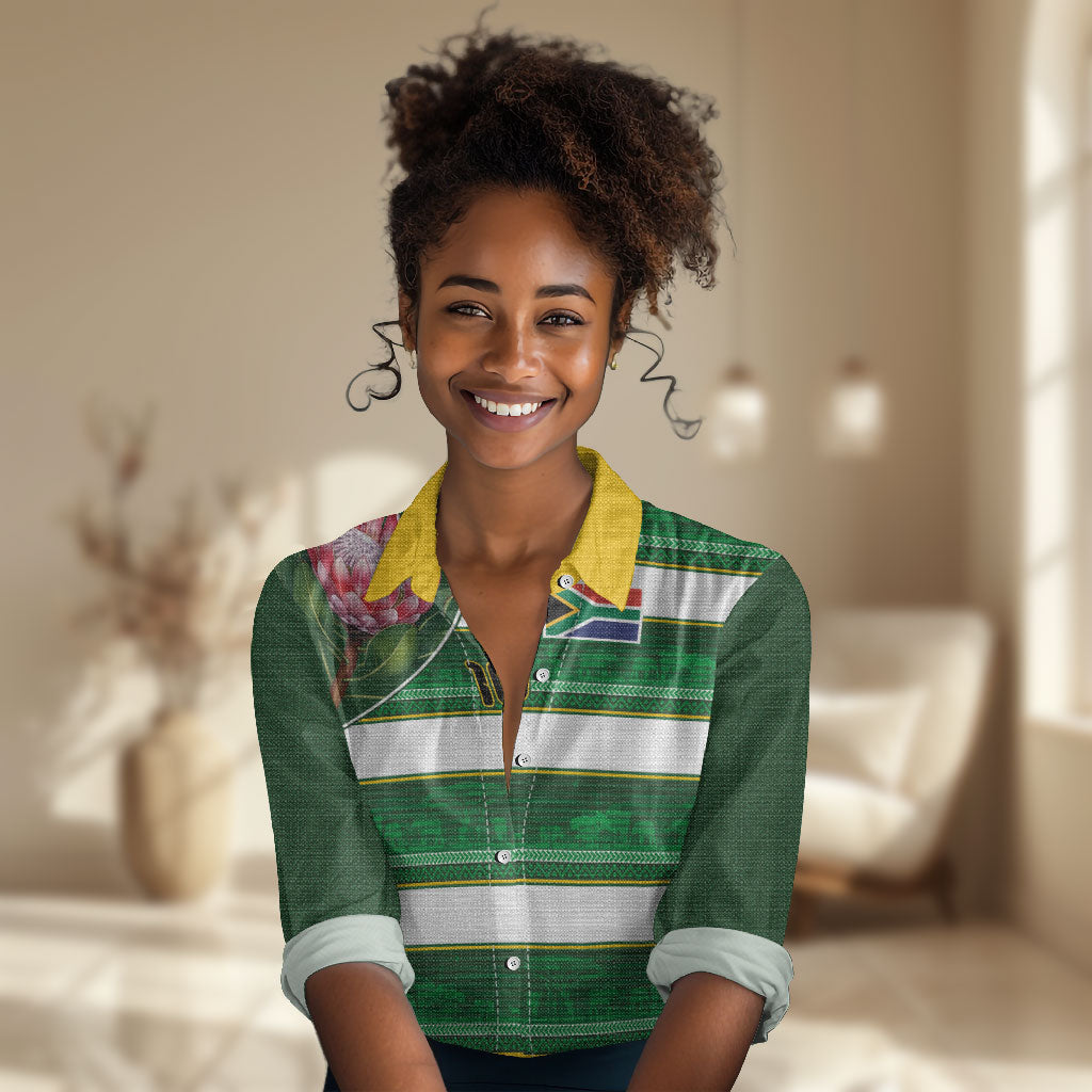 Custom South Africa Football Women Casual Shirt King Protea with African Heritage Stripes Style