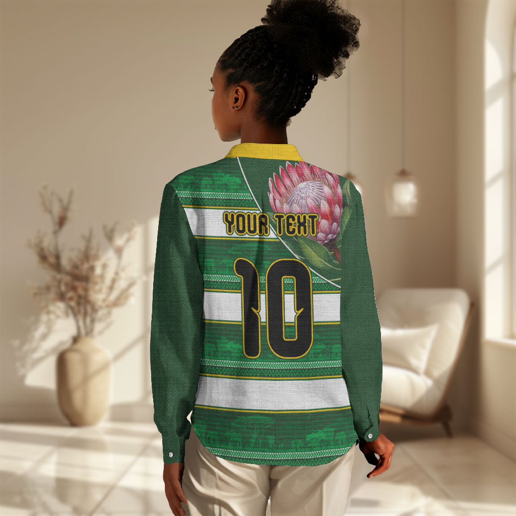 Custom South Africa Football Women Casual Shirt King Protea with African Heritage Stripes Style