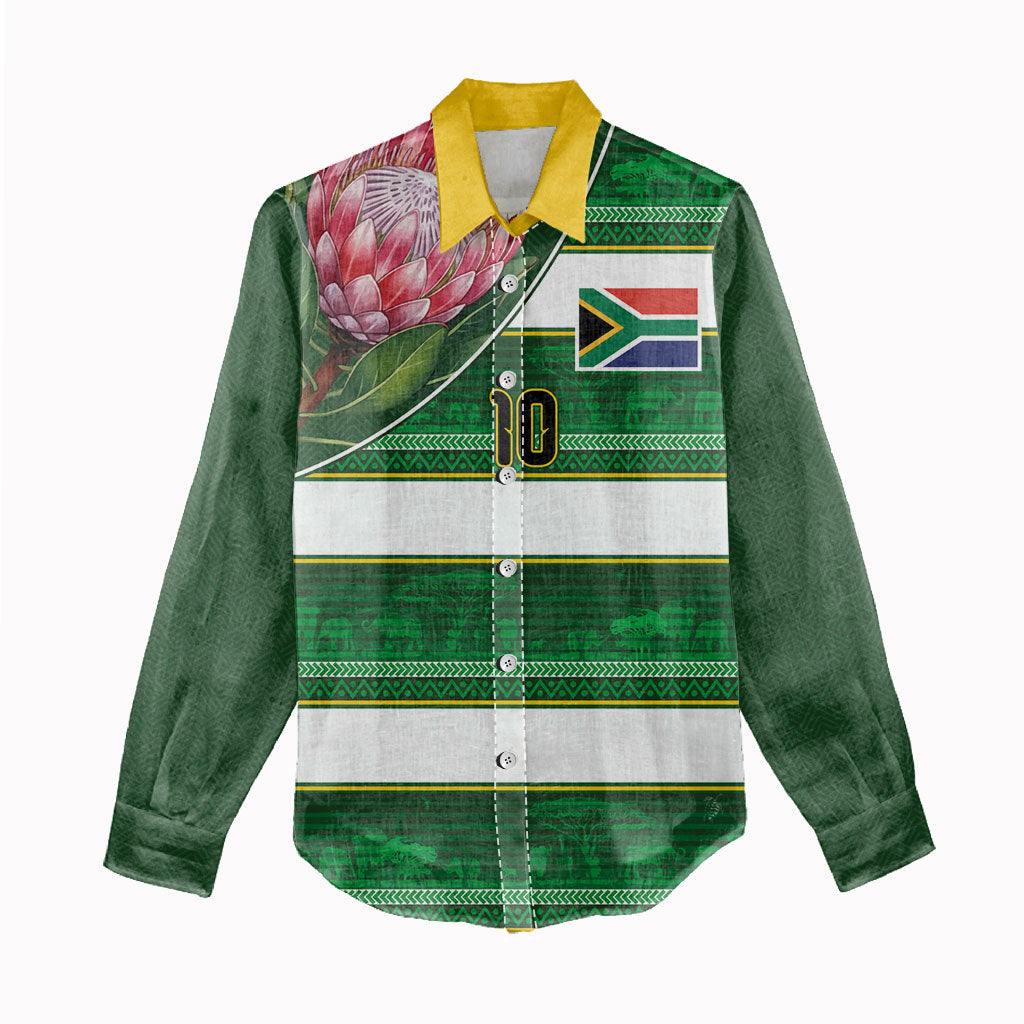 Custom South Africa Football Women Casual Shirt King Protea with African Heritage Stripes Style
