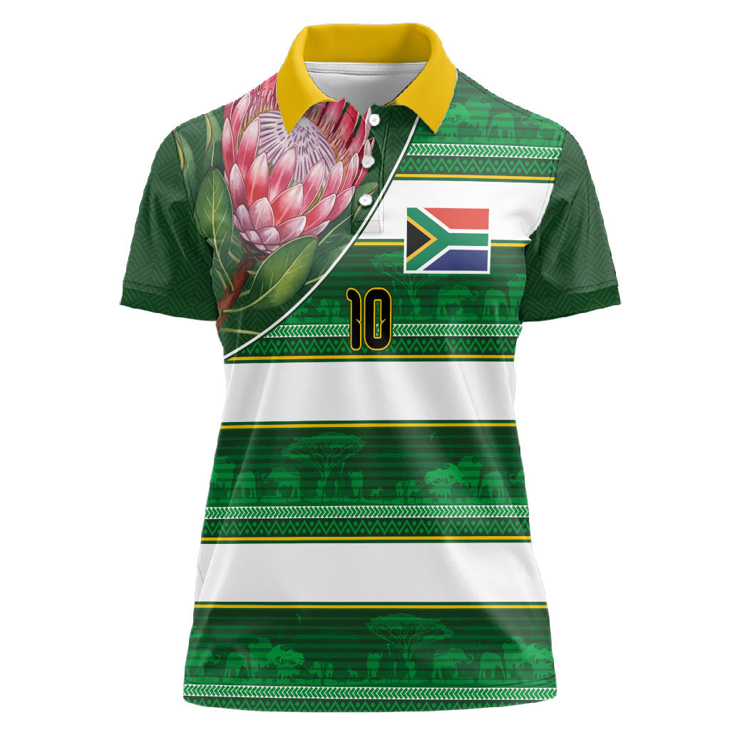 Custom South Africa Football Women Polo Shirt King Protea with African Heritage Stripes Style