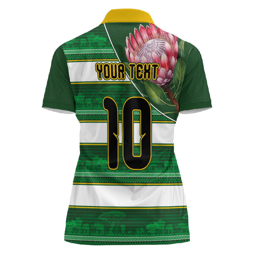 Custom South Africa Football Women Polo Shirt King Protea with African Heritage Stripes Style