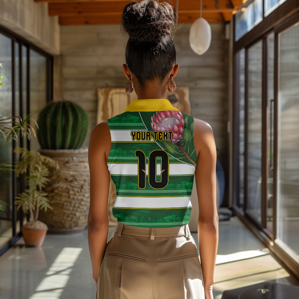 Custom South Africa Football Women Sleeveless Polo Shirt King Protea with African Heritage Stripes Style