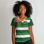 Custom South Africa Football Women V-Neck T-Shirt King Protea with African Heritage Stripes Style