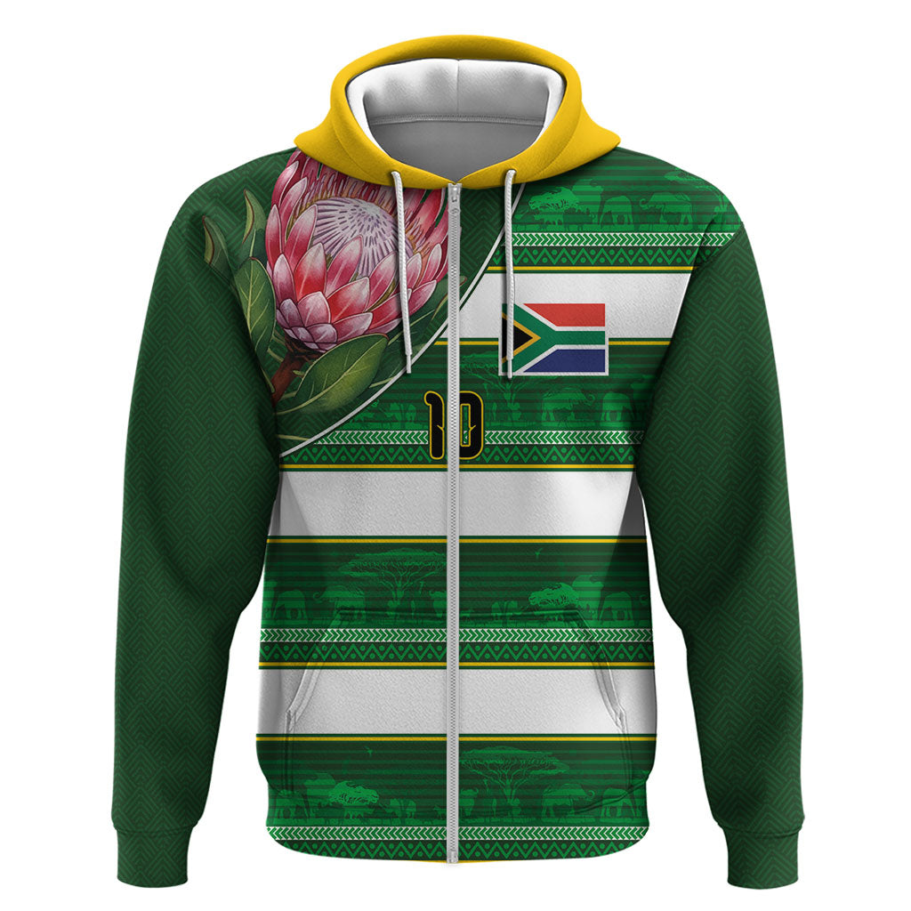 Custom South Africa Football Zip Hoodie King Protea with African Heritage Stripes Style