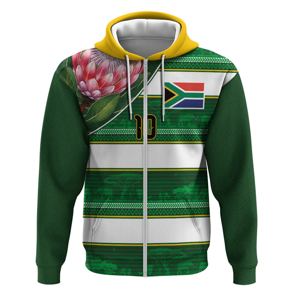 Custom South Africa Football Zip Hoodie King Protea with African Heritage Stripes Style