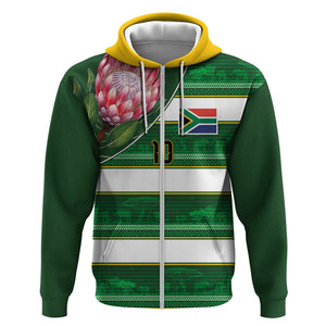Custom South Africa Football Zip Hoodie King Protea with African Heritage Stripes Style