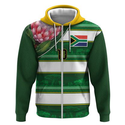 Custom South Africa Football Zip Hoodie King Protea with African Heritage Stripes Style