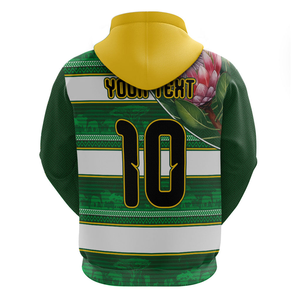 Custom South Africa Football Zip Hoodie King Protea with African Heritage Stripes Style