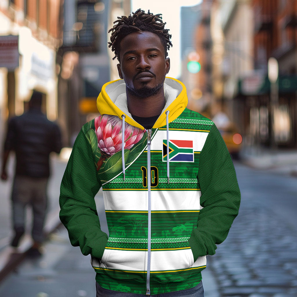 Custom South Africa Football Zip Hoodie King Protea with African Heritage Stripes Style