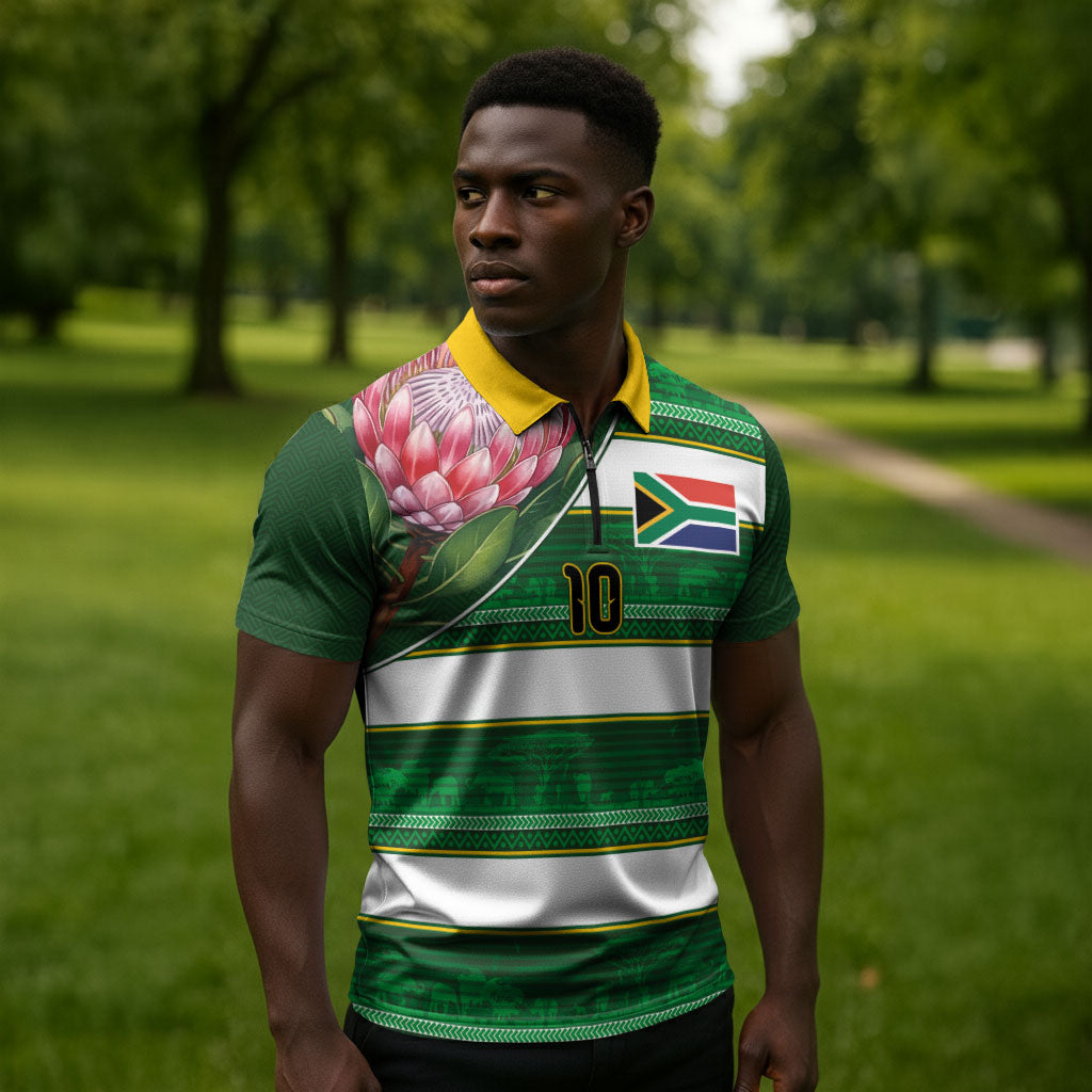 Custom South Africa Football Zipper Polo Shirt King Protea with African Heritage Stripes Style