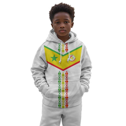 Custom Senegal Football Kid Hoodie Tricolor African Stripes Motif Sporty Style - African Pride