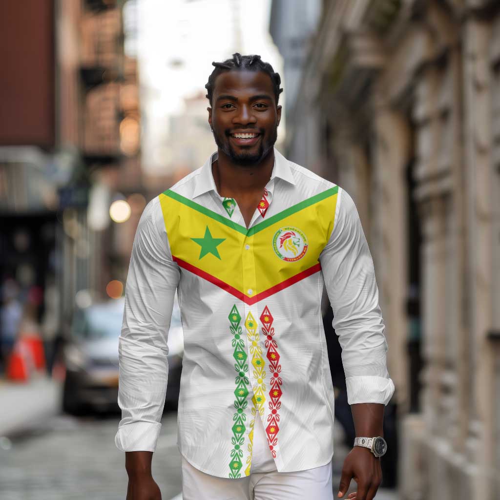 Custom Senegal Football Long Sleeve Button Shirt Tricolor African Stripes Motif Sporty Style - African Pride