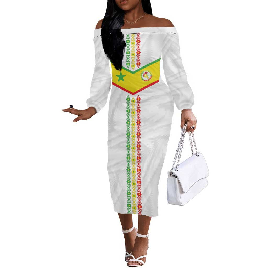 Custom Senegal Football Off The Shoulder Long Sleeve Dress Tricolor African Stripes Motif Sporty Style - African Pride