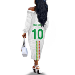 Custom Senegal Football Off The Shoulder Long Sleeve Dress Tricolor African Stripes Motif Sporty Style - African Pride