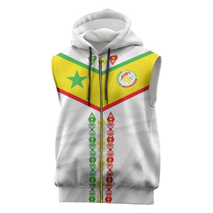 Custom Senegal Football Sleeveless Zip Hoodie Tricolor African Stripes Motif Sporty Style - African Pride