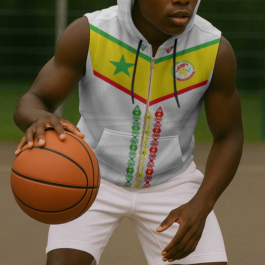 Custom Senegal Football Sleeveless Zip Hoodie Tricolor African Stripes Motif Sporty Style - African Pride