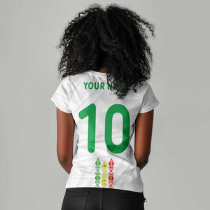 Custom Senegal Football Women V-Neck T-Shirt Tricolor African Stripes Motif Sporty Style - African Pride