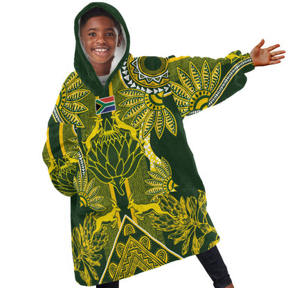 South Africa Rugby Custom Kid Wearable Blanket Hoodie Springbok with King Protea Inspired by African Heritage