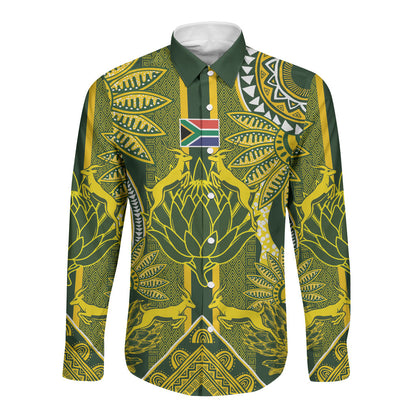 South Africa Rugby Custom Long Sleeve Button Shirt Springbok with King Protea Inspired by African Heritage