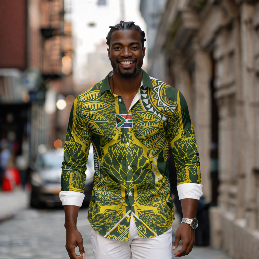 South Africa Rugby Custom Long Sleeve Button Shirt Springbok with King Protea Inspired by African Heritage