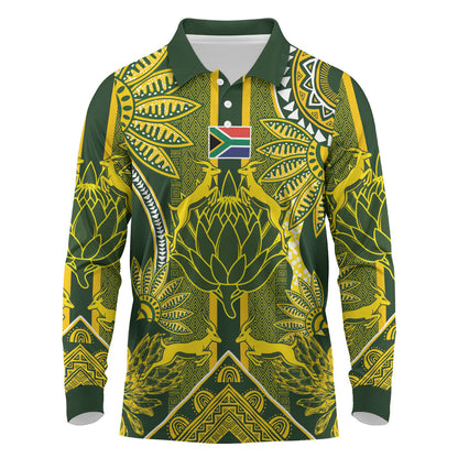 South Africa Rugby Custom Long Sleeve Polo Shirt Springbok with King Protea Inspired by African Heritage