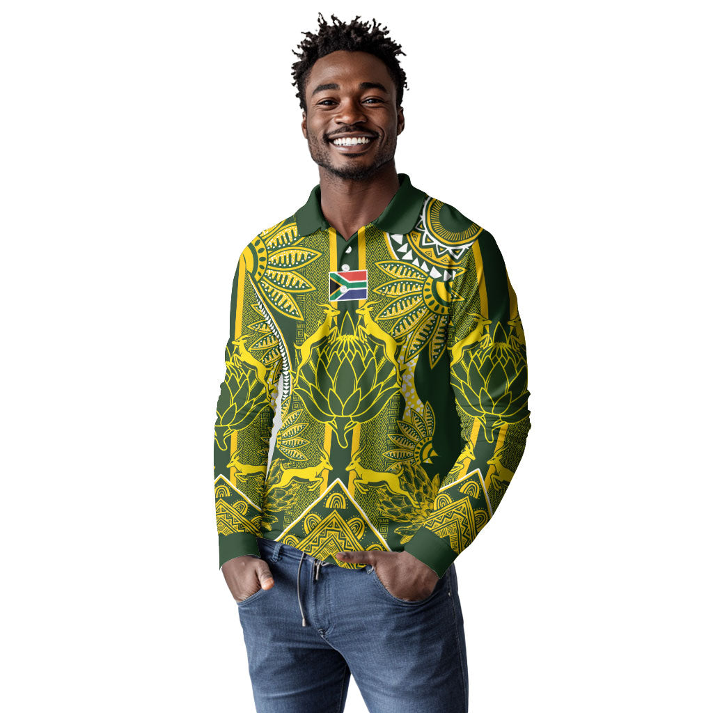 South Africa Rugby Custom Long Sleeve Polo Shirt Springbok with King Protea Inspired by African Heritage
