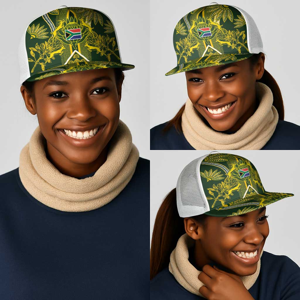 South Africa Rugby Mesh Trucker Cap Springbok with King Protea Inspired by African Heritage