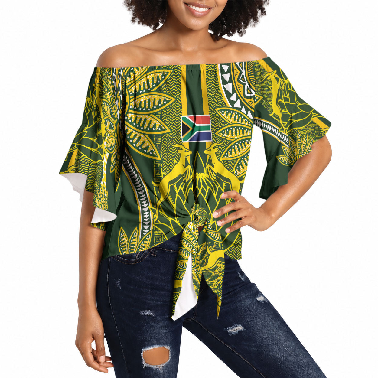 South Africa Rugby Custom Off Shoulder Wrap Waist Top Springbok with King Protea Inspired by African Heritage