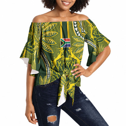 South Africa Rugby Custom Off Shoulder Wrap Waist Top Springbok with King Protea Inspired by African Heritage