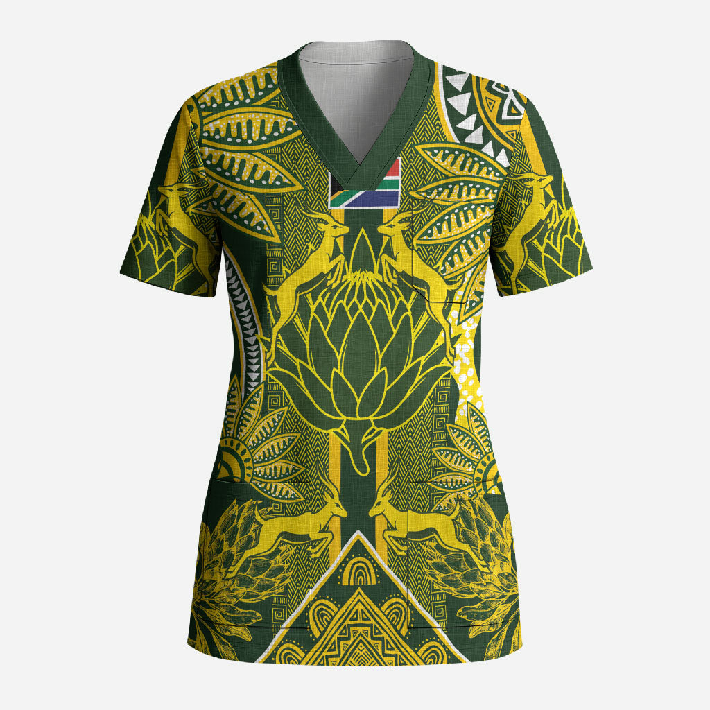South Africa Rugby Custom Scrub Top Springbok with King Protea Inspired by African Heritage