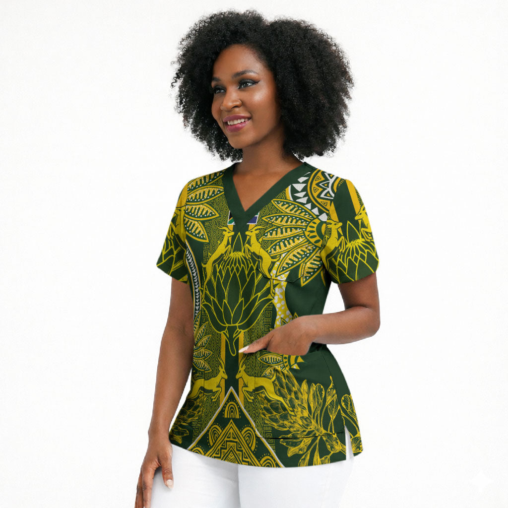 South Africa Rugby Custom Scrub Top Springbok with King Protea Inspired by African Heritage
