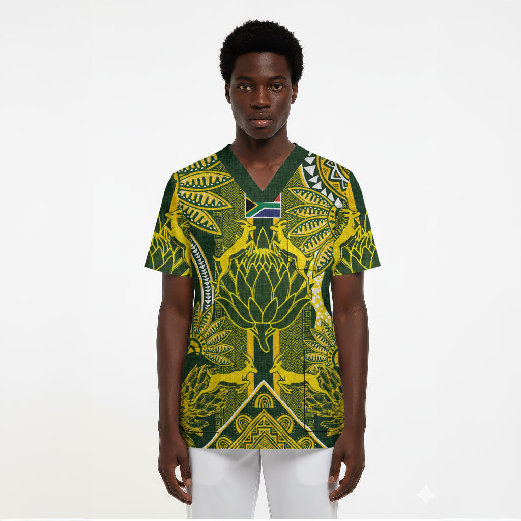 South Africa Rugby Custom Scrub Top Springbok with King Protea Inspired by African Heritage
