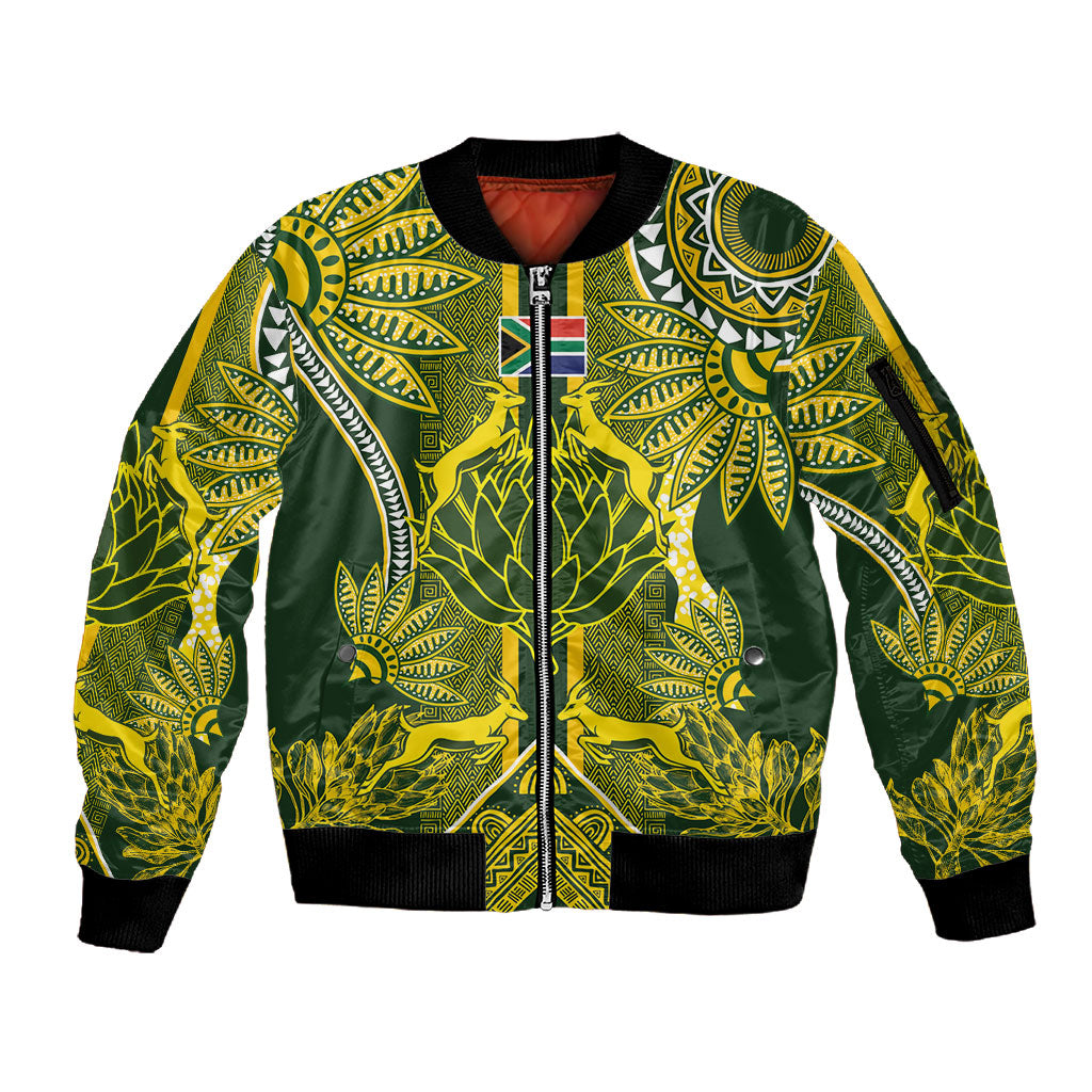 South Africa Rugby Custom Sleeve Zip Bomber Jacket Springbok with King Protea Inspired by African Heritage