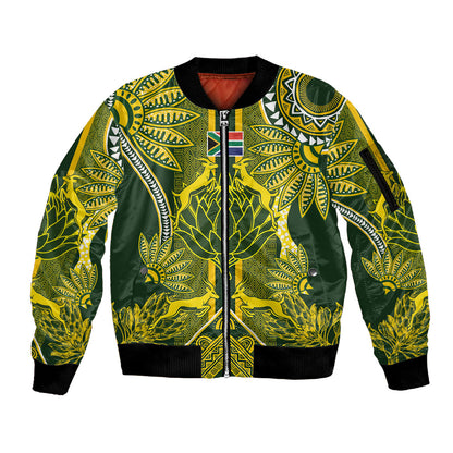 South Africa Rugby Custom Sleeve Zip Bomber Jacket Springbok with King Protea Inspired by African Heritage