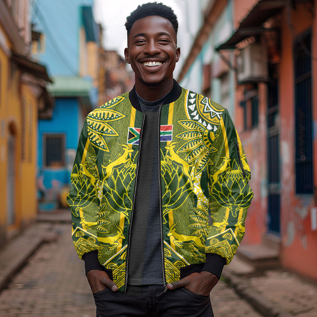South Africa Rugby Custom Sleeve Zip Bomber Jacket Springbok with King Protea Inspired by African Heritage