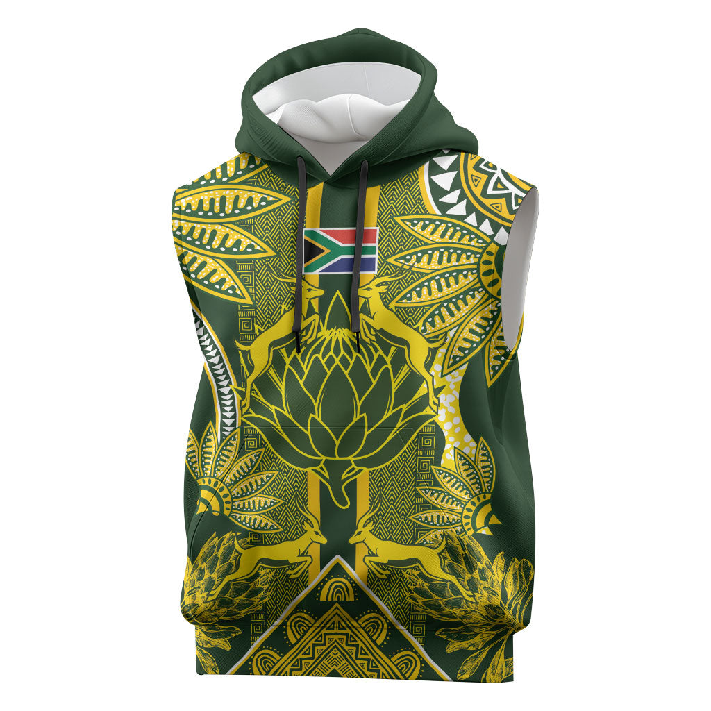 South Africa Rugby Custom Sleeveless Hoodie Springbok with King Protea Inspired by African Heritage
