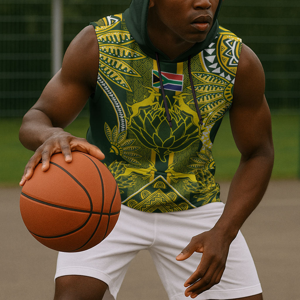 South Africa Rugby Custom Sleeveless Hoodie Springbok with King Protea Inspired by African Heritage