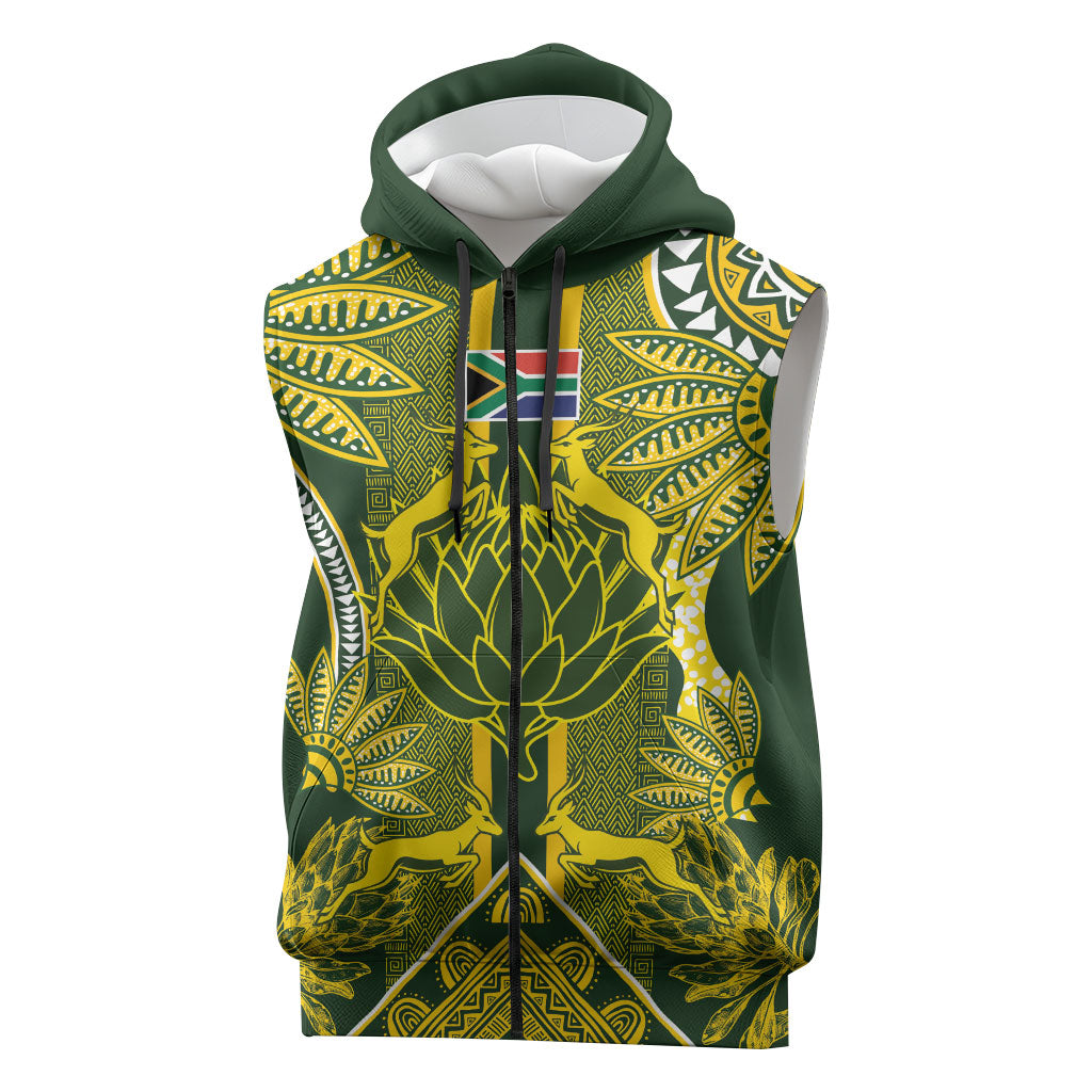 South Africa Rugby Custom Sleeveless Zip Hoodie Springbok with King Protea Inspired by African Heritage