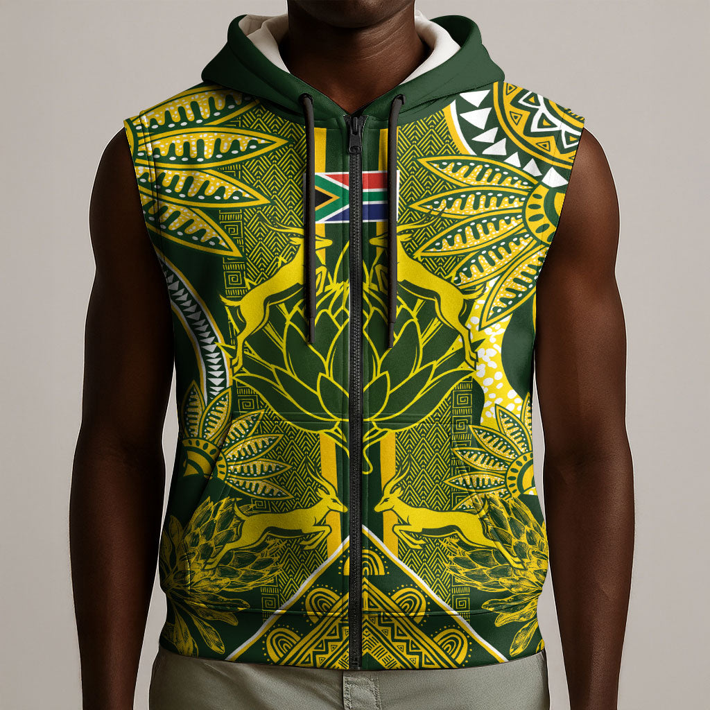 South Africa Rugby Custom Sleeveless Zip Hoodie Springbok with King Protea Inspired by African Heritage