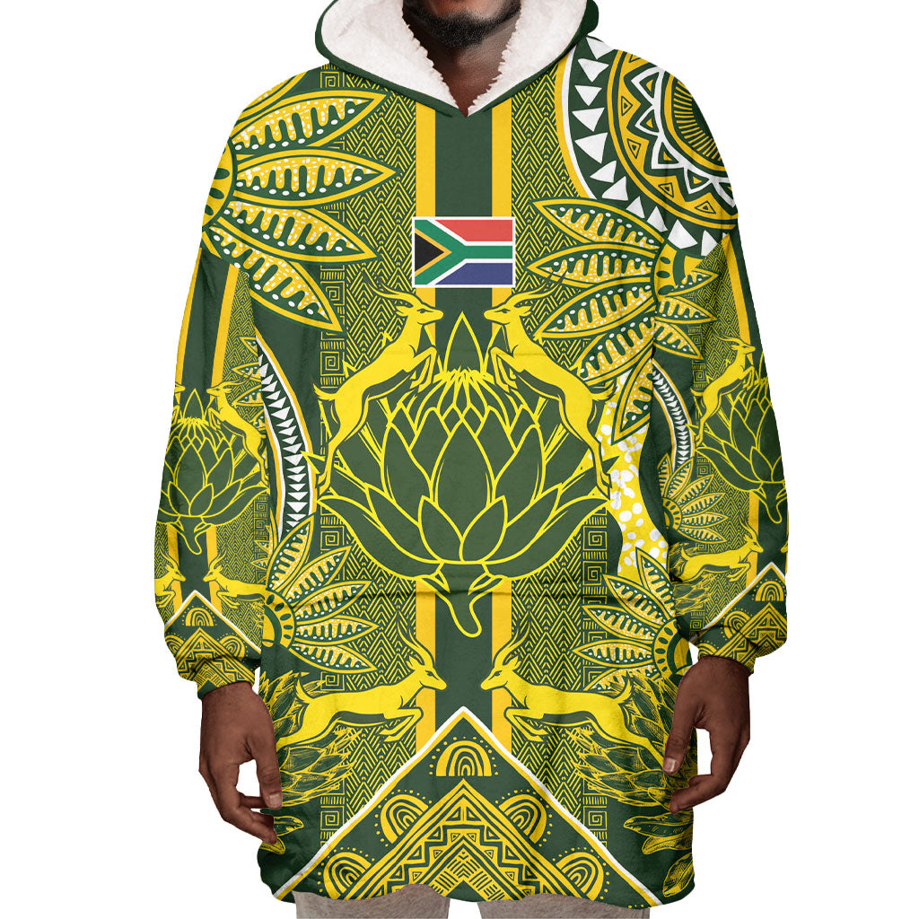 South Africa Rugby Custom Wearable Blanket Hoodie Springbok with King Protea Inspired by African Heritage