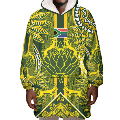 South Africa Rugby Custom Wearable Blanket Hoodie Springbok with King Protea Inspired by African Heritage
