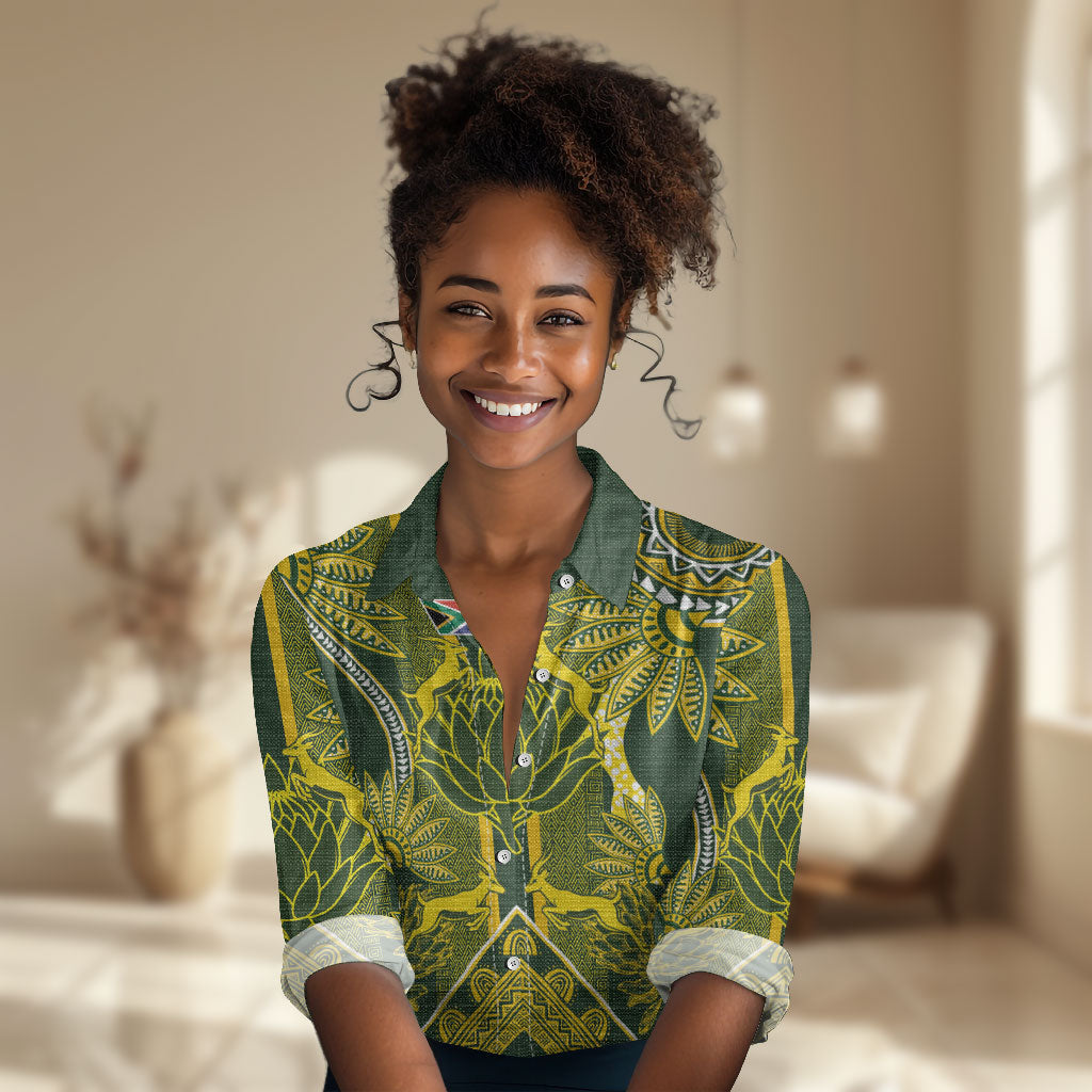 South Africa Rugby Custom Women Casual Shirt Springbok with King Protea Inspired by African Heritage