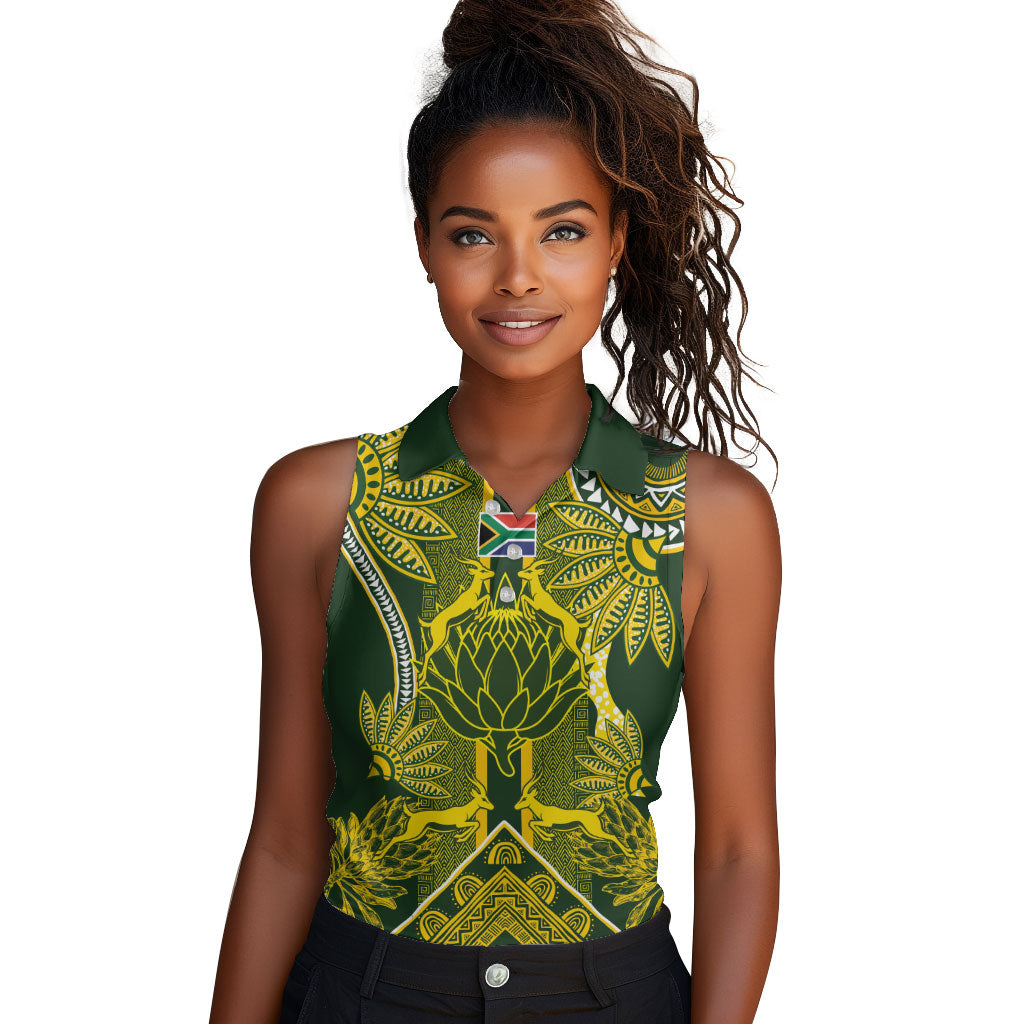 South Africa Rugby Custom Women Sleeveless Polo Shirt Springbok with King Protea Inspired by African Heritage