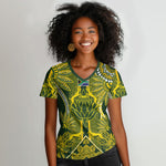 South Africa Rugby Custom Women V-Neck T-Shirt Springbok with King Protea Inspired by African Heritage